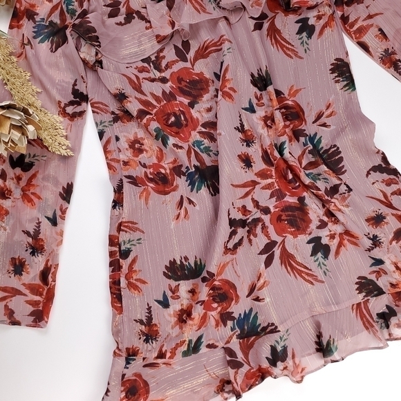 New Lovers + Friends Pink Floral Gold Metallic Stripe Sheer Ruff… - Picture 4 of 16